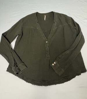 Free People Olive Green Gauze Cotton V-Neck Long Sleeve Blouse with Frayed Hem